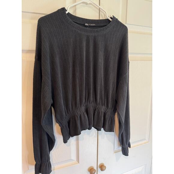 New ZARA Dark Gray Textured Long Sleeve Cinched Waist Top Sweater - Picture 4 of 6